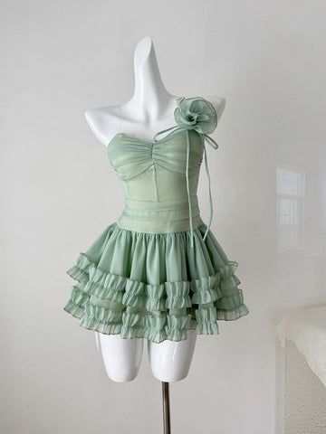 Flowy A Line Strapless Layered Green Chiffon Short Homecoming Dress Cocktail Dress HZ1023